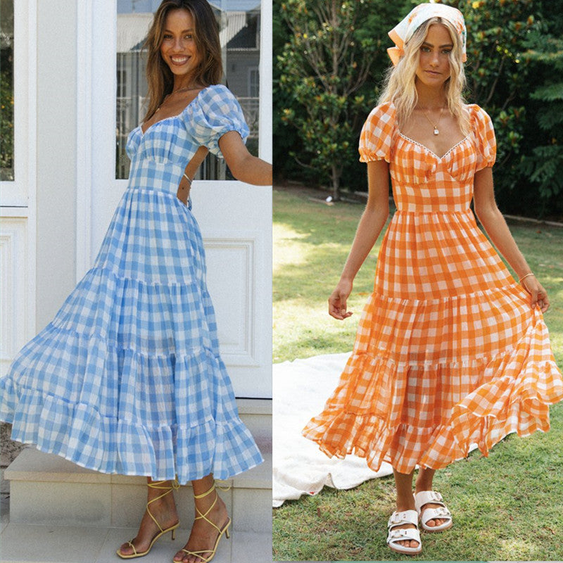 Damen Maxi-Kleid V-Rücken Rüschen Karomuster