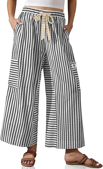 Damen Palazzo-Hose Gestreift Bequem Mit Taschen weiß