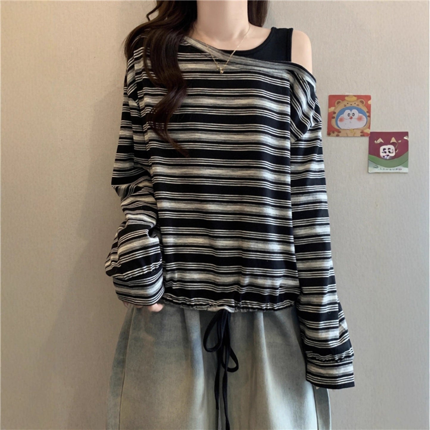 Damen Off-Shoulder Langarmshirt Casual Oberteil Eveloria