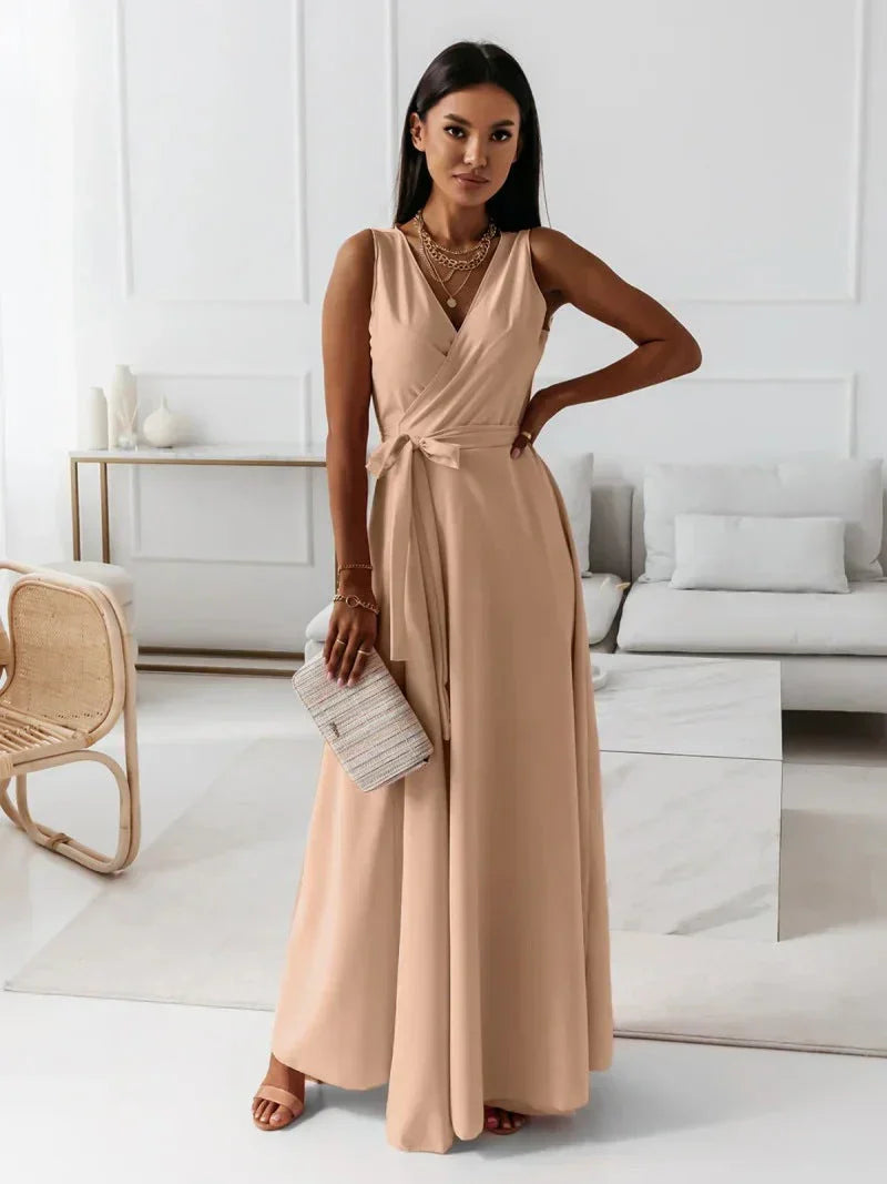 Damen Einfarbiges Langkleid V-Ausschnitt