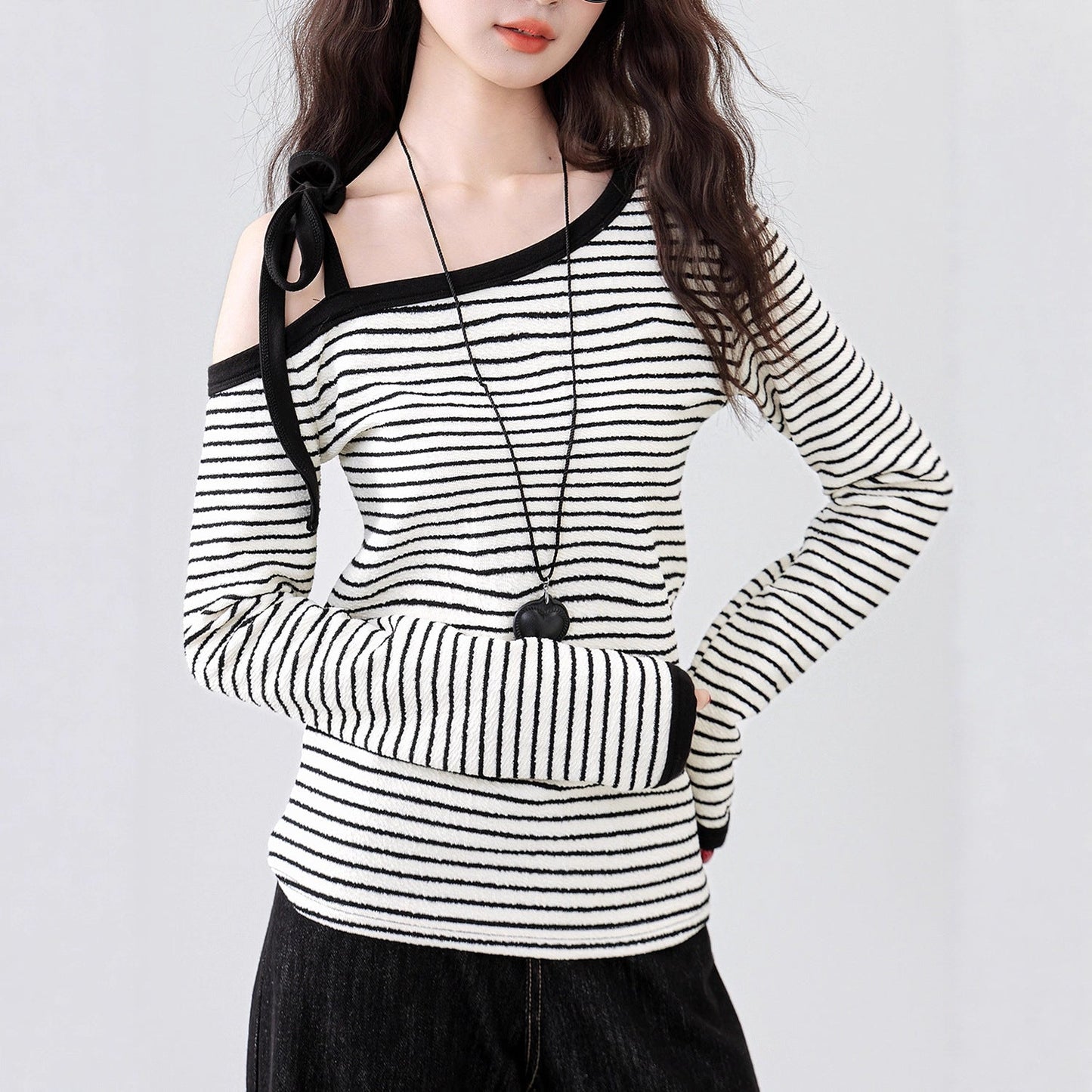 Damen Oberteil Off-Shoulder Streifen Design