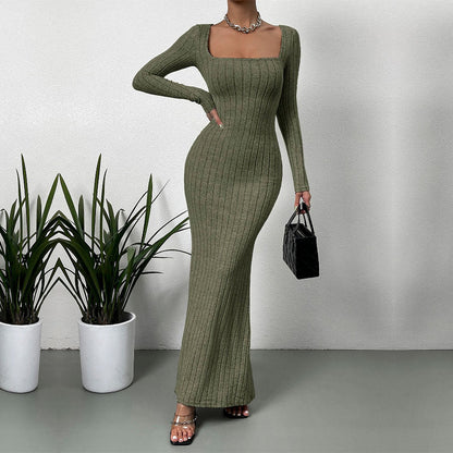 Damen Langarm Maxikleid Rippdesign Elegantes Kleid