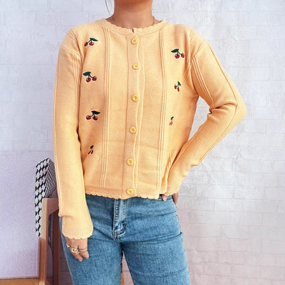 Damen Strickjacke Kirschenmotiv Rüschenkragen