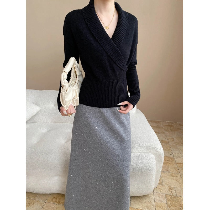 Damen Wickelpullover Breiter Rippbund Eveloria