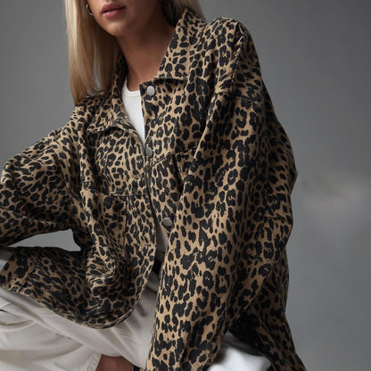 Damen Oversized Jeansjacke Leopardenmuster