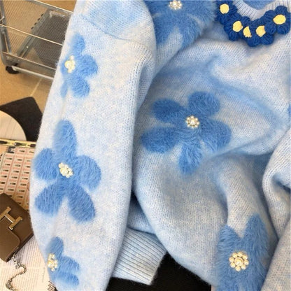 Damen Strickpullover Florales Design Perlen Eveloria
