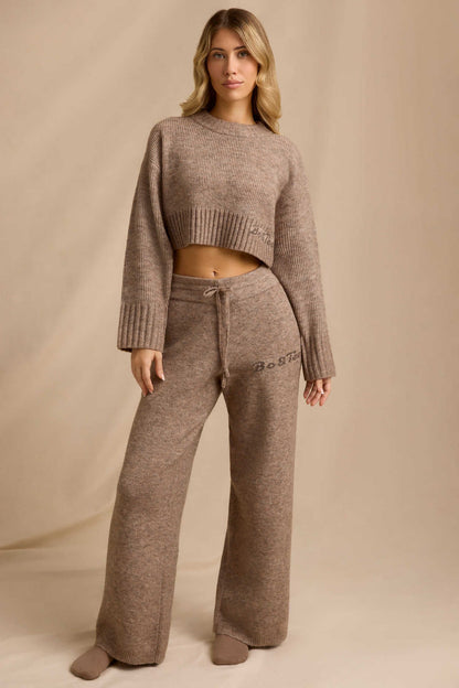Damen Strick-Set Cropped Pullover Weite Hose Beige