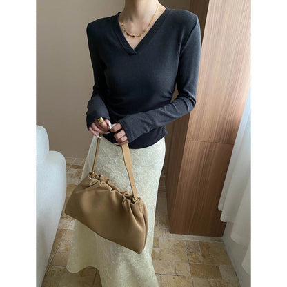 Damen Longsleeve-Oberteil V-Ausschnitt Raffung Eveloria
