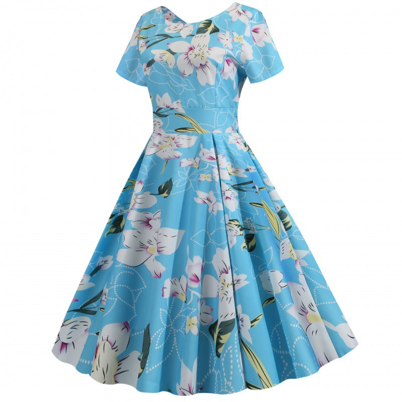Damen Midikleid Rundhalsausschnitt Kurzärmel Blumenmuster Eveloria