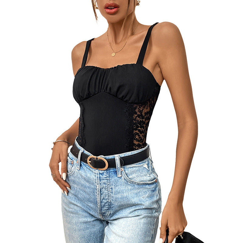 Damen Spitzentop Tailliert Rüschen Elegant