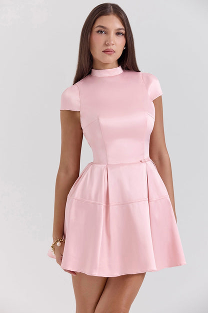 Damen Elegantes Kurzkleid mit Faltenrock und Stehkragen
