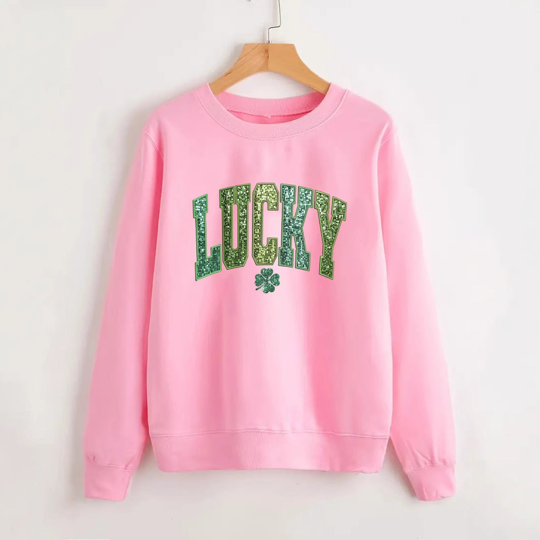 Damen Sweatshirt Glitzernd Kleeblattmotiv Grau Eveloria