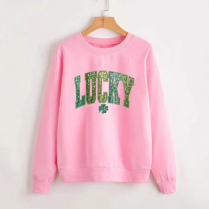 Damen Sweatshirt Glitzernd Kleeblattmotiv Grau Eveloria