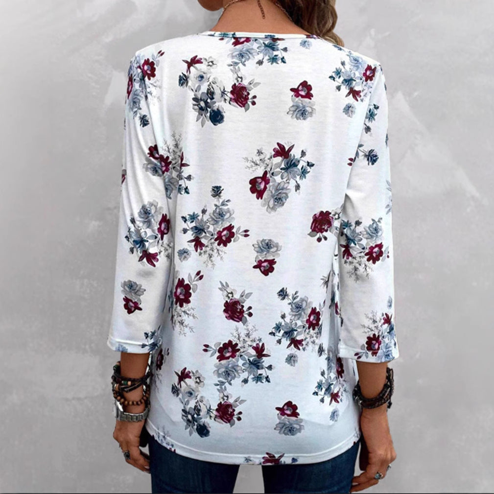 Damen Bluse Floralmuster Knöpfe Eveloria