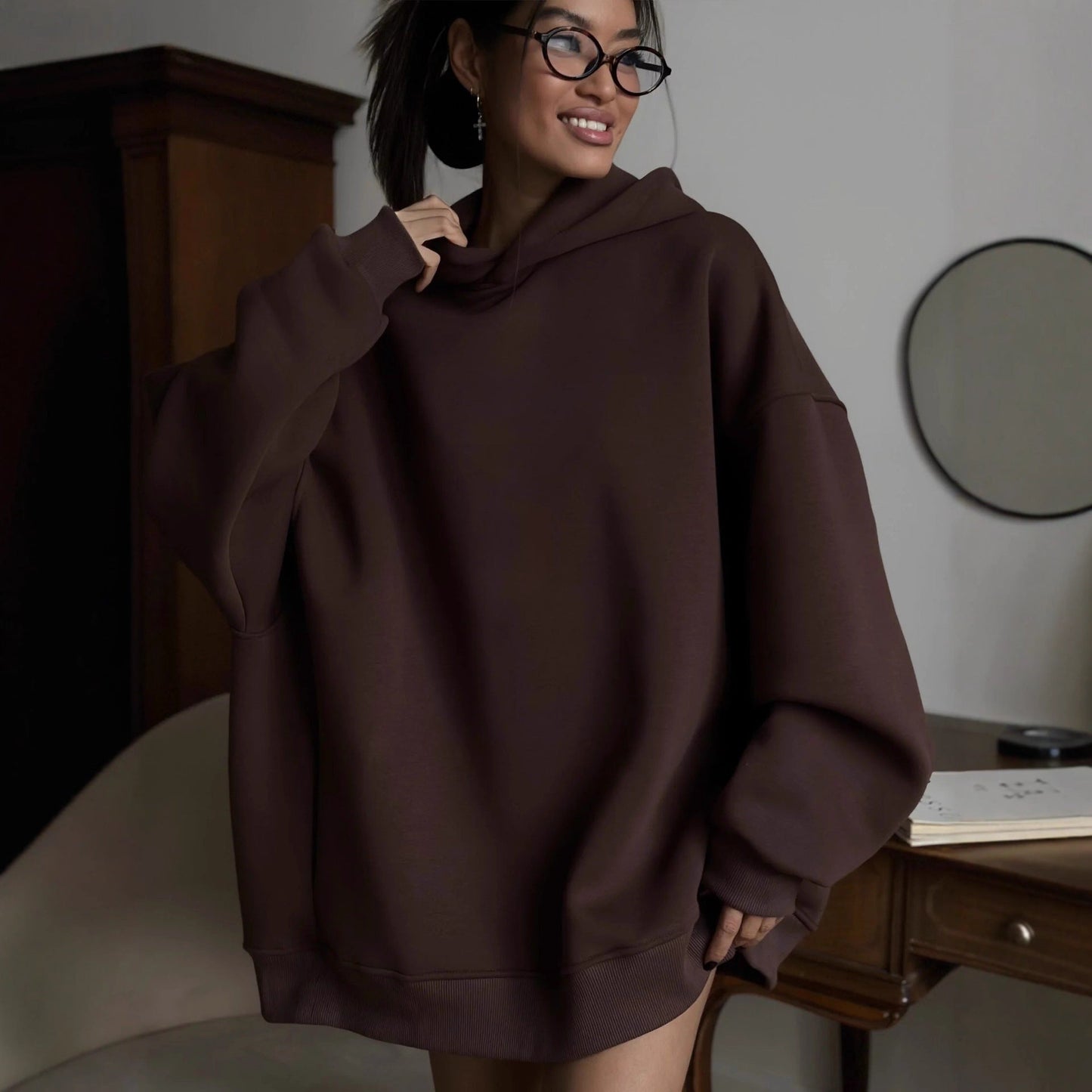 Damen Oversized Hoodie mit Taschen Hochgeschlossener Kragen
