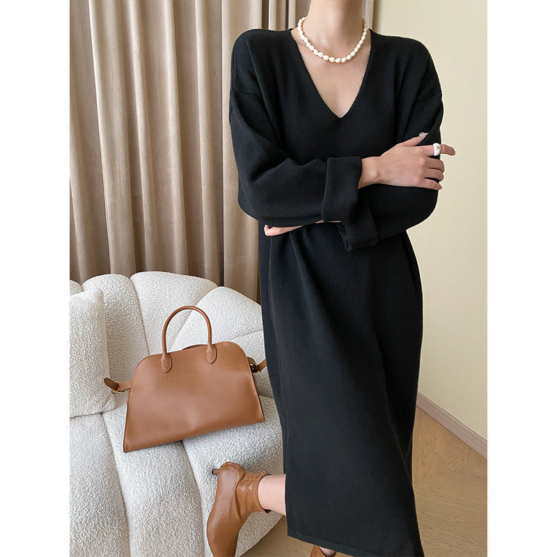 Damen Strickkleid V-Ausschnitt Ärmelaufschläge Elegant