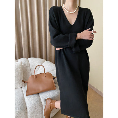 Damen Strickkleid V-Ausschnitt Ärmelaufschläge Elegant