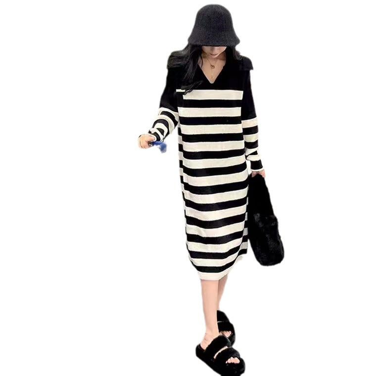 Damen Strickkleid Kontraststreifen Lässiger Schnitt Eveloria