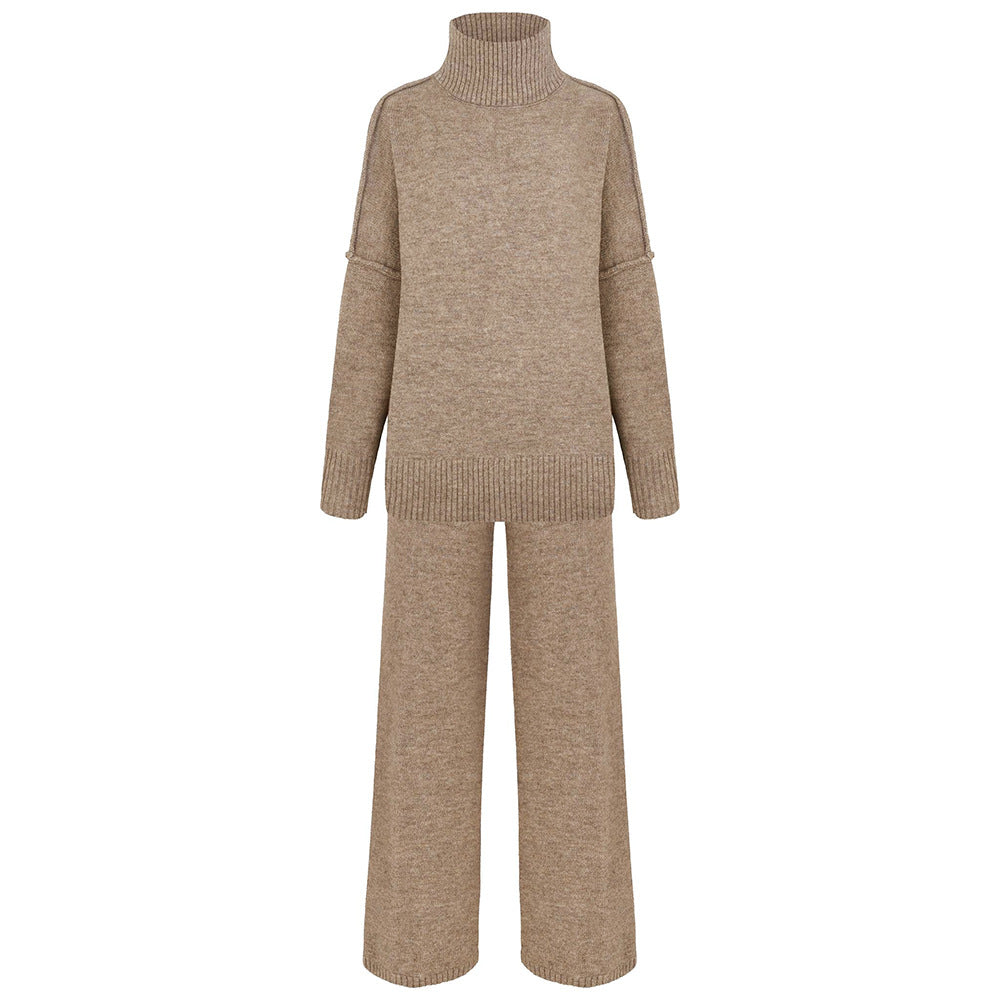 Damen Strickensemble Hochkragen Weitschnitt Beige Eveloria