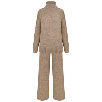 Damen Strickensemble Hochkragen Weitschnitt Beige Eveloria