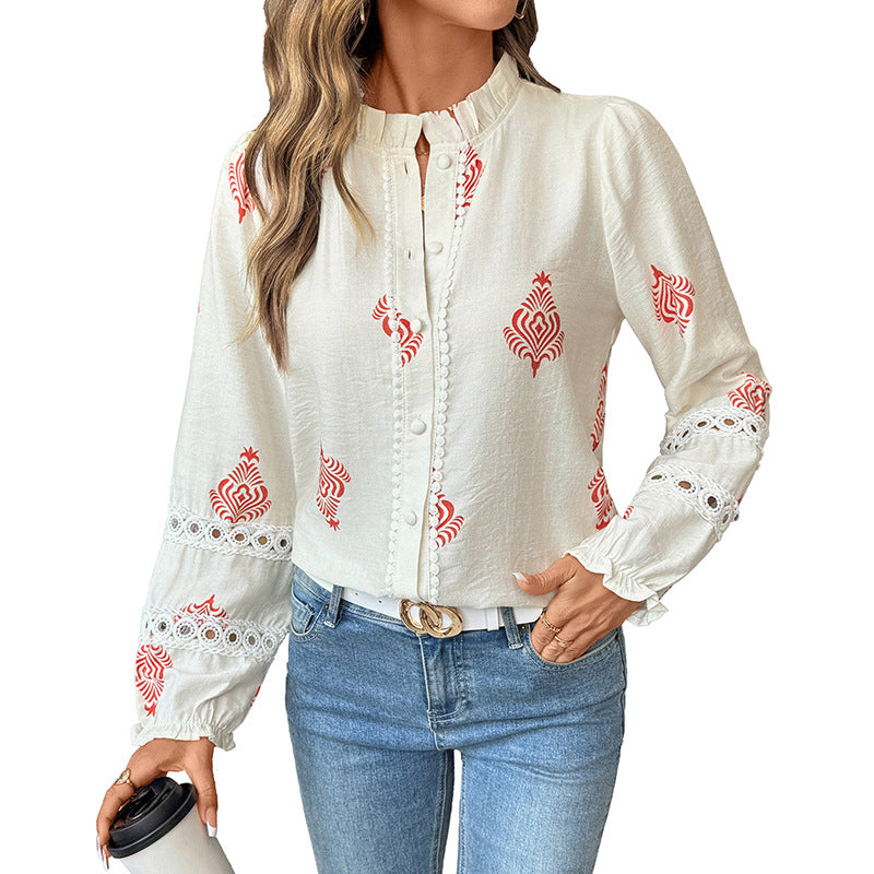 Damen Bluse Rüschendetails Stickerei