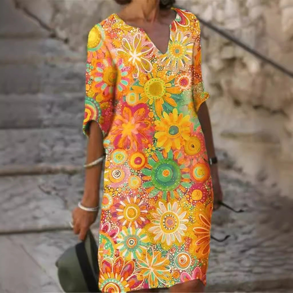Damen Freizeitkleid Floralmuster V-Ausschnitt