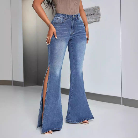 Damen High-Waist Flare Jeans mit Schlitzen Schwarz Eveloria - Eveloria