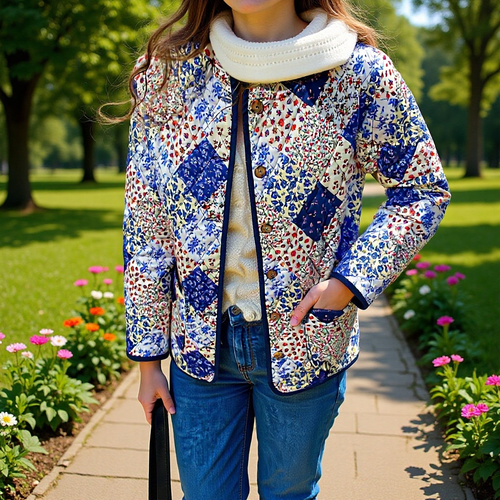 Damen Steppjacke Patchwork Floralmuster mit Knöpfen Eveloria - Eveloria