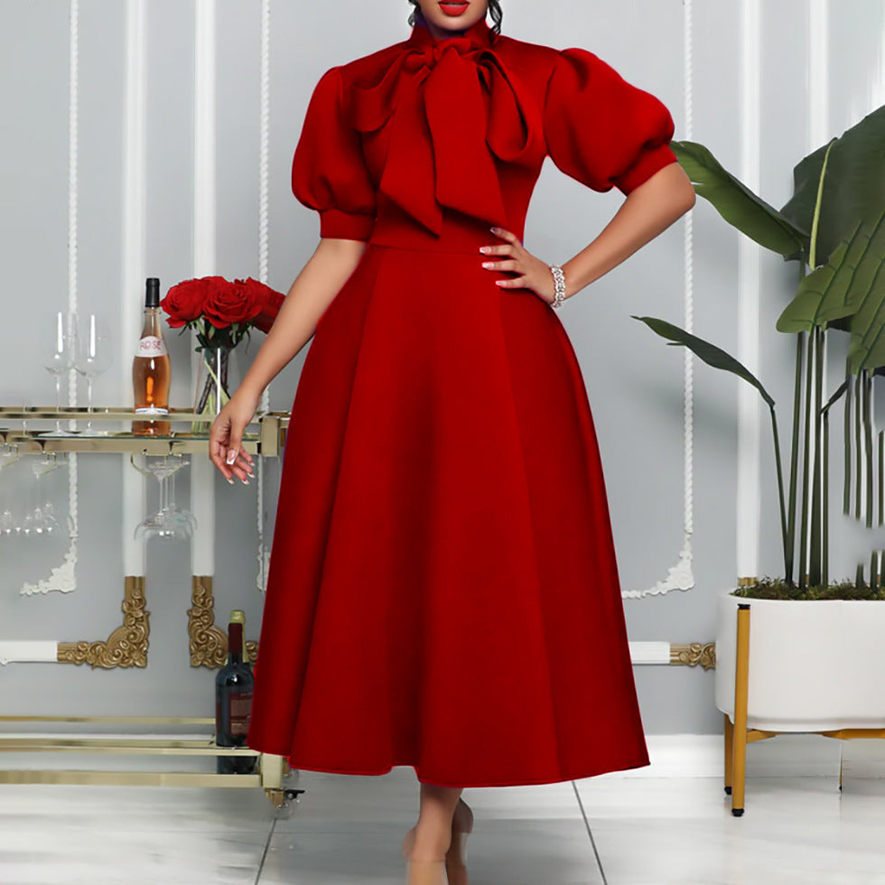 Damen Elegantes Midi-Kleid Puffärmel Bindegürtel Eveloria