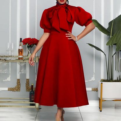 Damen Elegantes Midi-Kleid Puffärmel Bindegürtel Eveloria