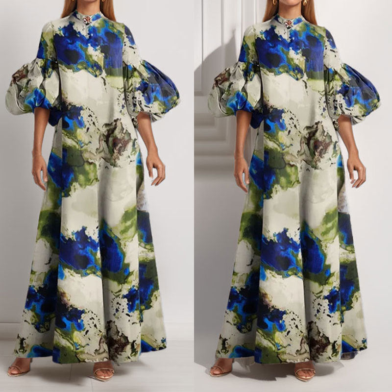 Damen Maxi-Kleid Volantärmel Abstrakt Muster