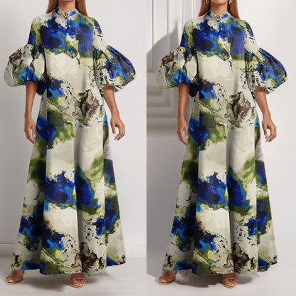 Damen Maxi-Kleid Volantärmel Abstrakt Muster