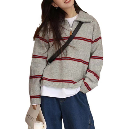 Damen Strickpullover Lässig Reißverschluss Streifenmeliert Grau