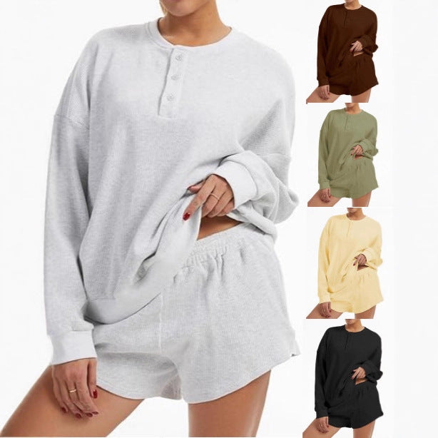 Damen Oversized Pullover Shorts Set Baumwolle Beige - Eveloria