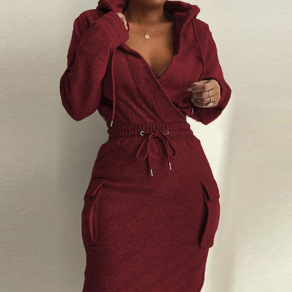 Damen Kapuzenkleid Lässiger Schnitt Mit Taschen Schwarz Eveloria - Eveloria