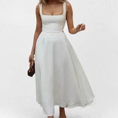 Damen Maxikleid Quadratischer Ausschnitt Schwingender Rock Eveloria