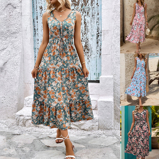 Damen Maxikleid Elastisch Floralmuster Rüschendetails - Eveloria