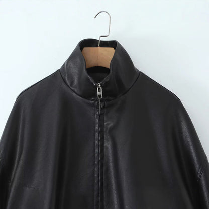 Damen Kunstlederjacke Hochkragen Einzigartiges Design
