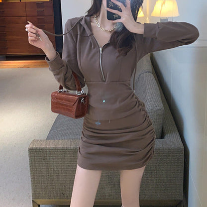 Damen Kapuzenkleid Rüschendetail Reißverschluss