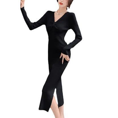 Damen Strickkleid V-Ausschnitt Seitenschlitz Eveloria