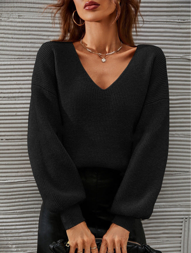 Damen Pullover V-Ausschnitt Lässige Passform Ballonärmel