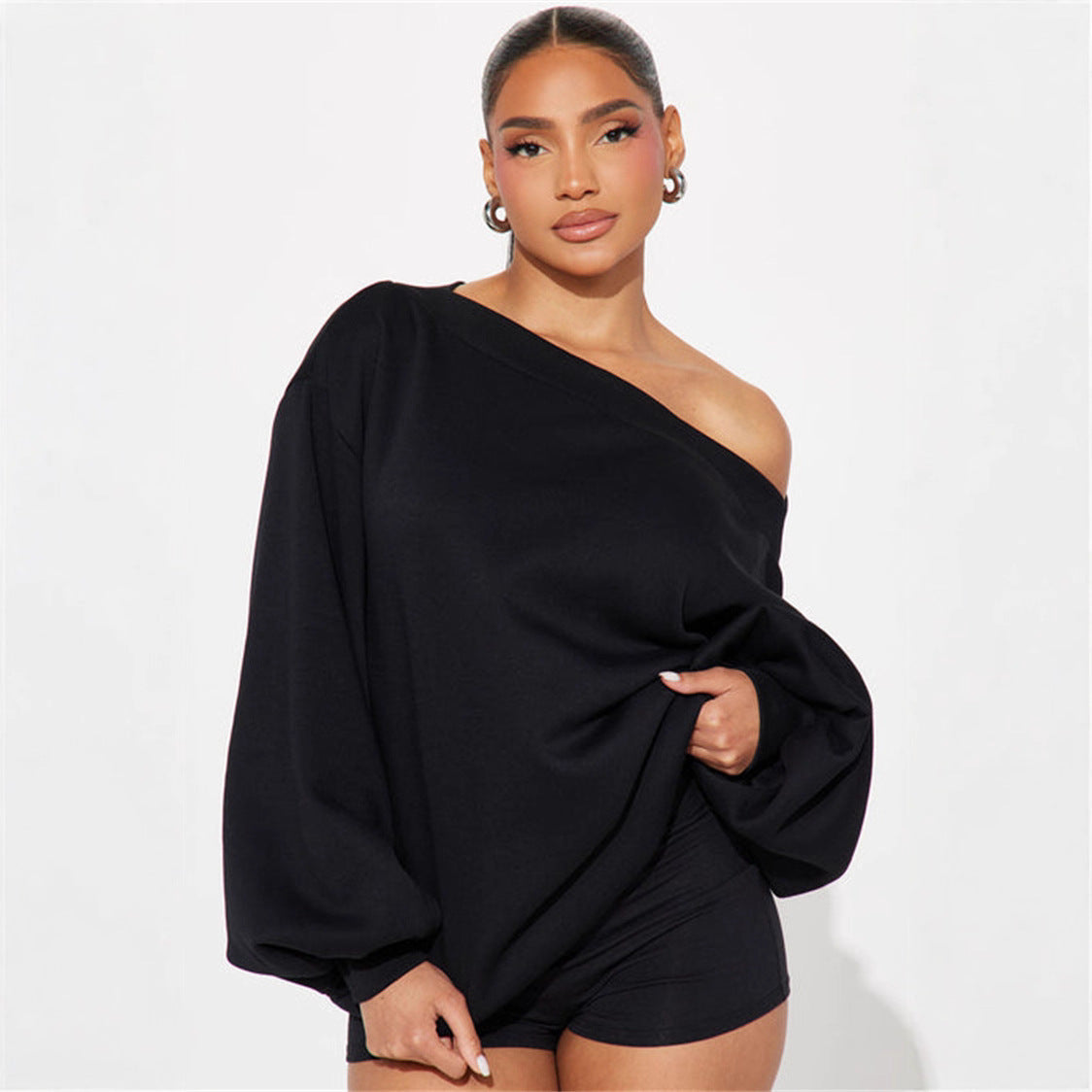 Damen Oversized Sweatshirt Asymmetrischer Ausschnitt Ballonärmel Grau - Eveloria