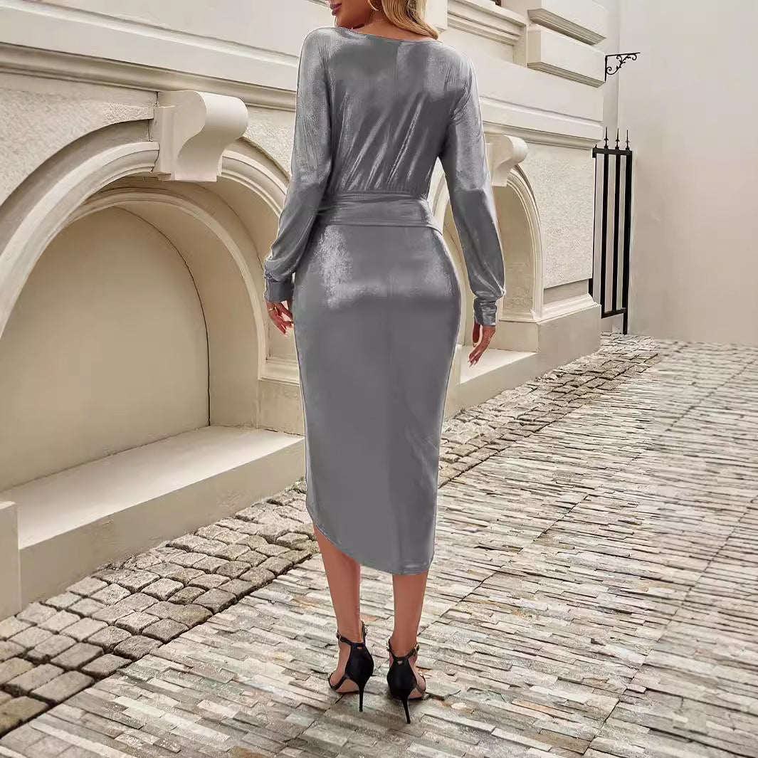 Damen Wickelkleid aus Satin mit Schlitz