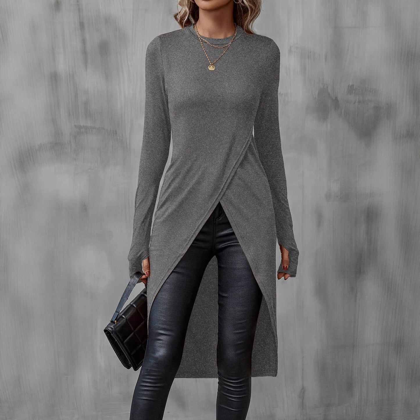 Damen Wickelkleid Langarm Asymmetrisch Eveloria