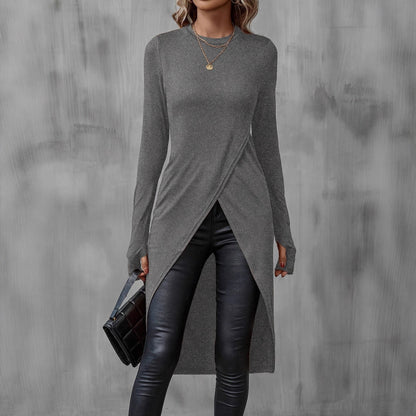 Damen Wickelkleid Langarm Asymmetrisch Eveloria