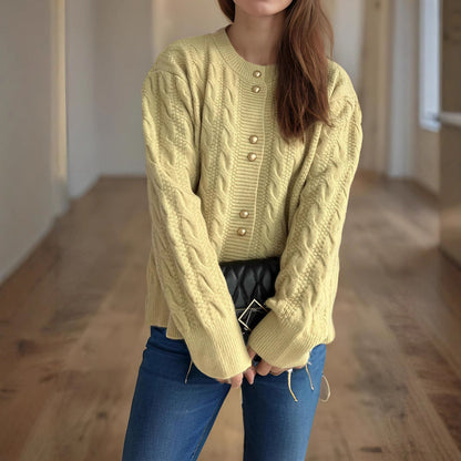 Damen Grobstrickjacke Kabelmuster Dekorative Knöpfe