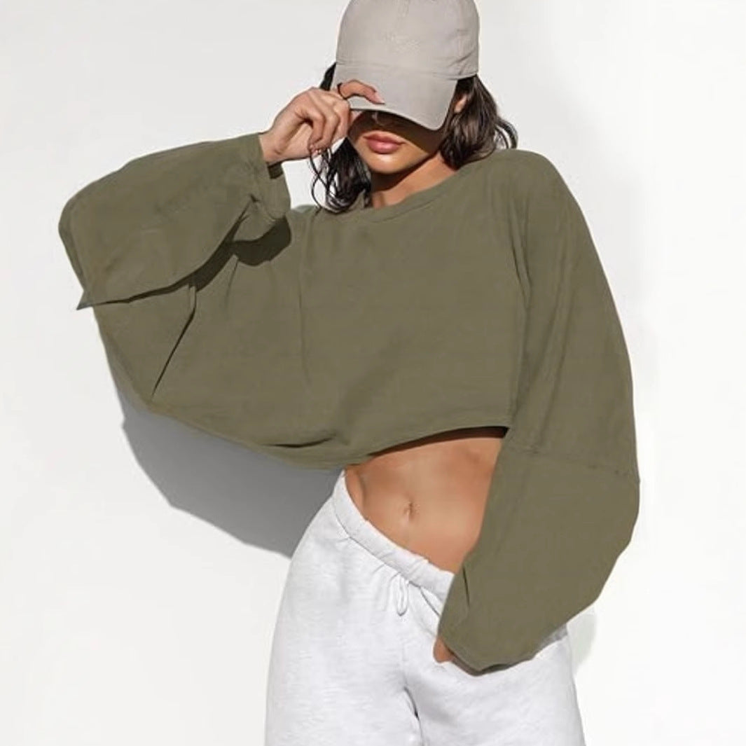 Damen Cropped Sweatshirt Voluminöse Ärmel Lässiger Schnitt Grau