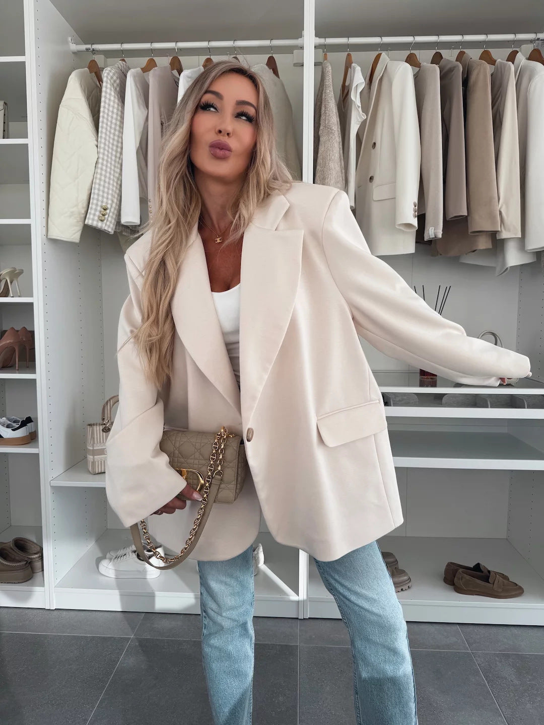 Damen Oversized Blazer mit Taschen Modisch Eveloria