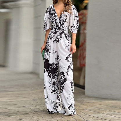 Damen Jumpsuit Florales Design Weite Beinöffnung