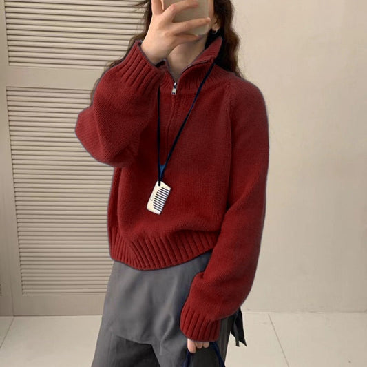 Damen Pullover Stehkragen Reißverschluss Kuschelig Gestrickt Eveloria - Eveloria